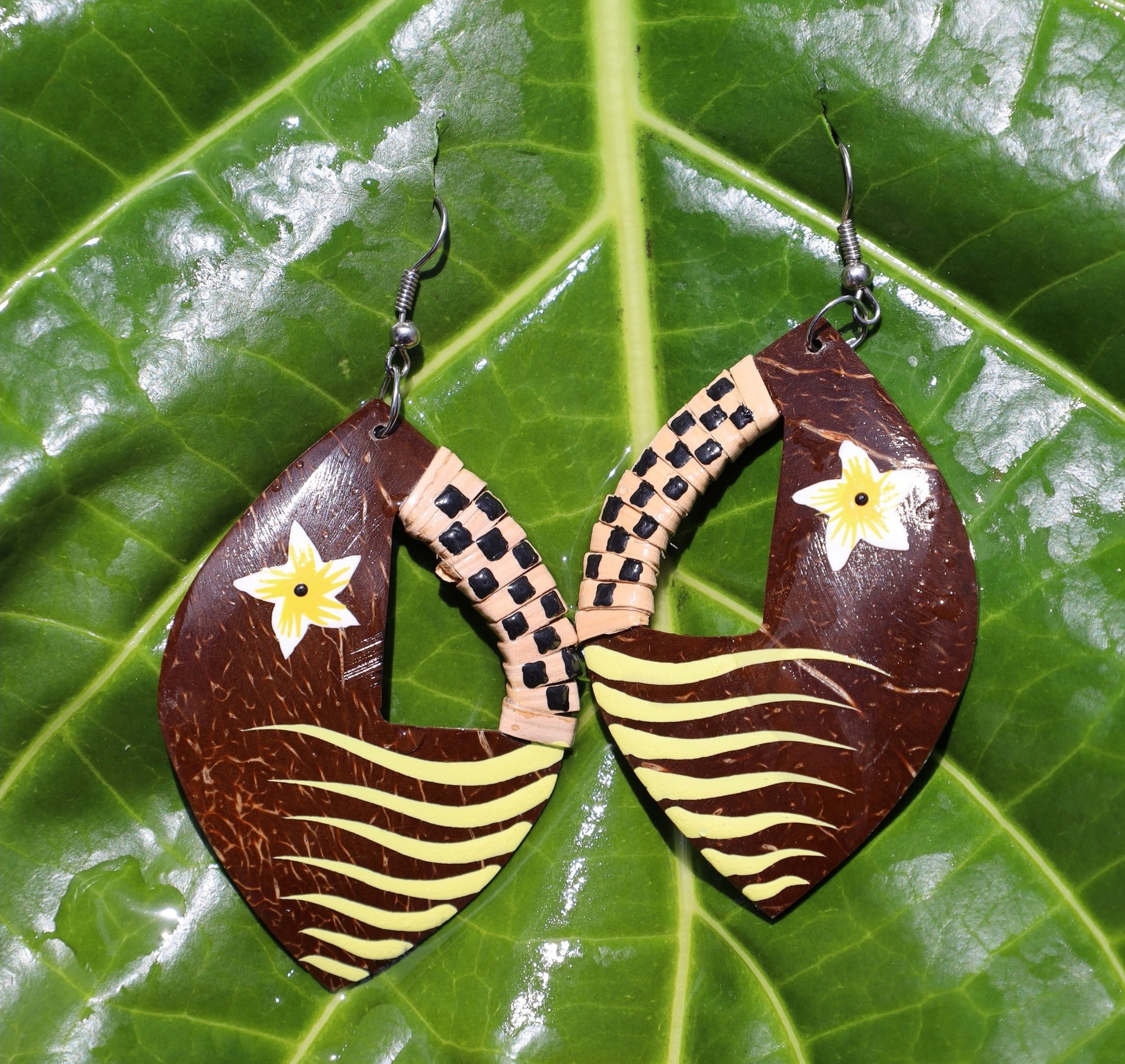 Coconut Earrings Teardrop Yellow Stripes